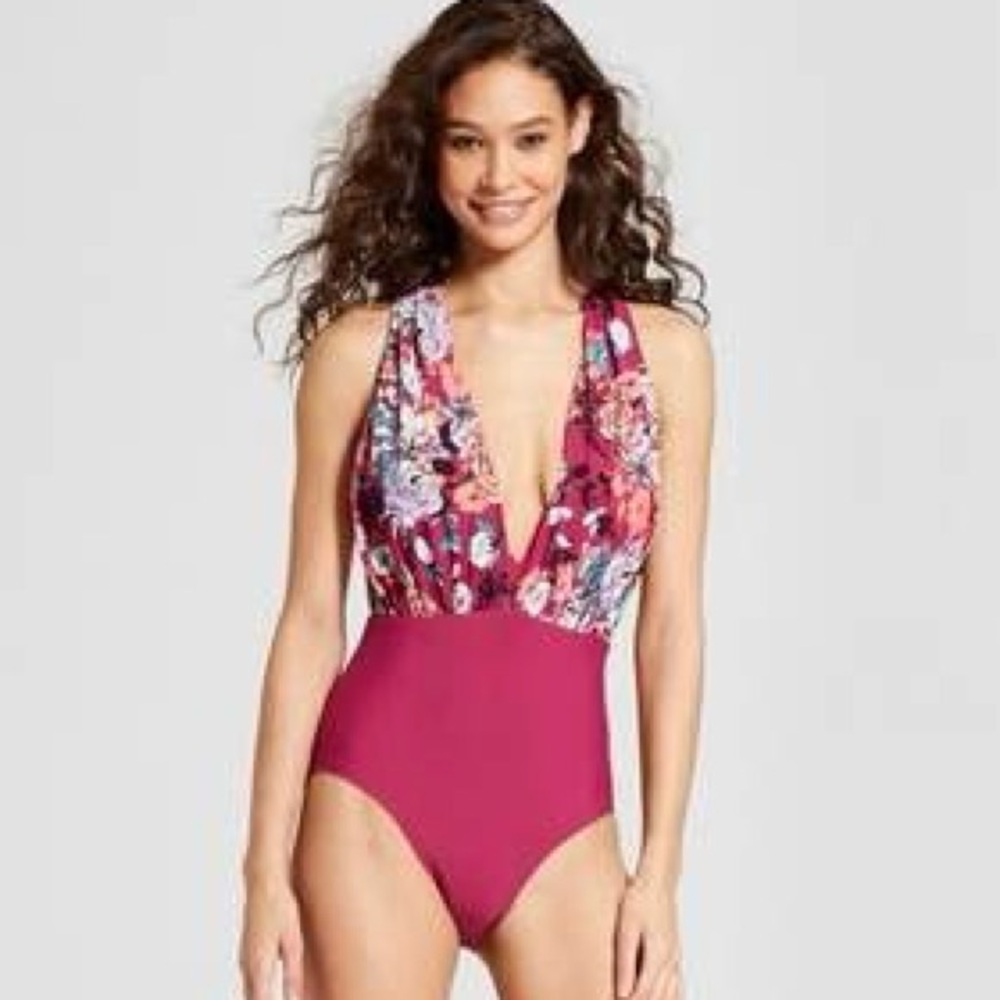 Sea Angel Plunge Neck Floral Pink One Piece Swimsuit Size Small